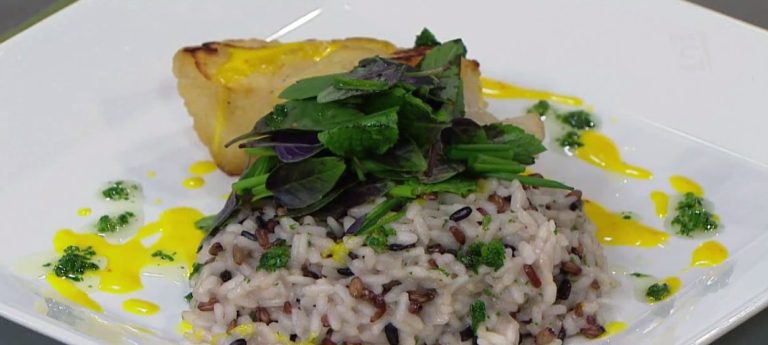 Robalo ao molho de açafrão com risoto de grãos e saladinha de ervas