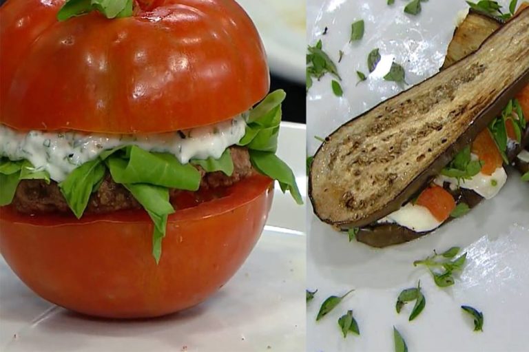 Berinjela caprese e sanduíche de tomate