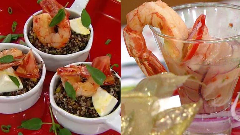 Quinoa caprese com camarões grelhados