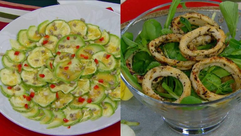 Anéis de lula com grãos e carpaccio de abobrinha