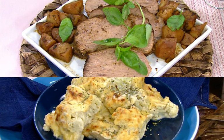 Lagarto ao molho de ervas e couve-flor gratinada com requeijão