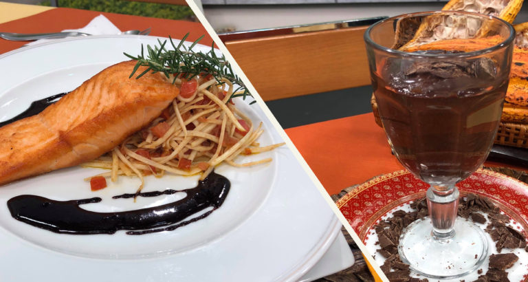 Salmão com spaguetti de pupunha + Mousse de cacau e avocado
