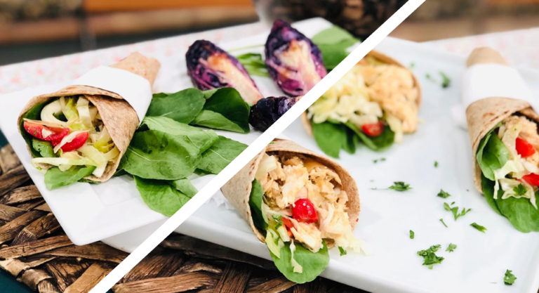 Wrap de frango com repolhete e rúcula e Repolho roxo assado