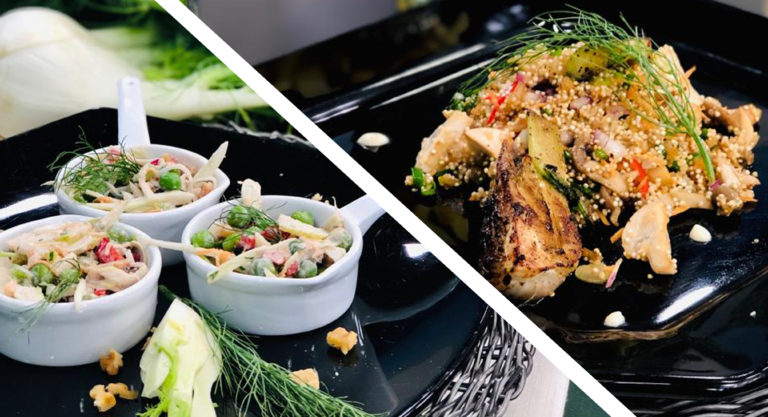 Quinoa com erva doce e cogumelos + Salpicão de erva doce com pera e nozes