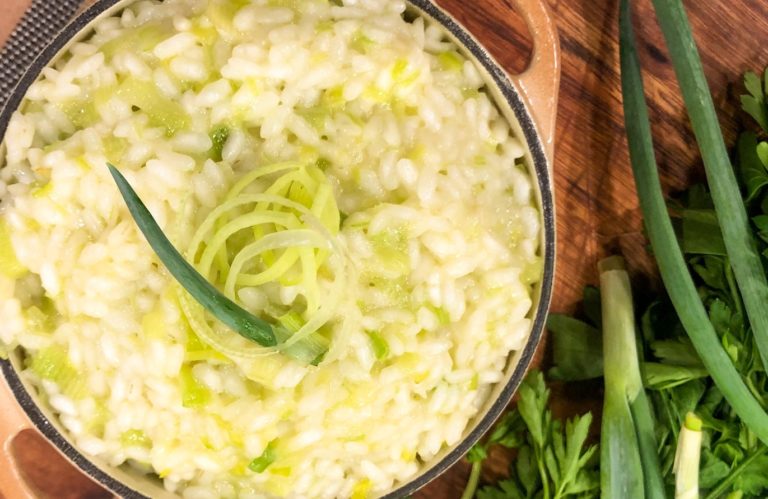 Risoto de Alho Poró e Escondidinho de Chocolate, banana e toffe