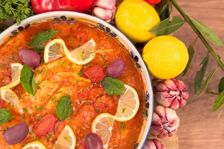 Filé de peixe com molho de tomate e azeitonas