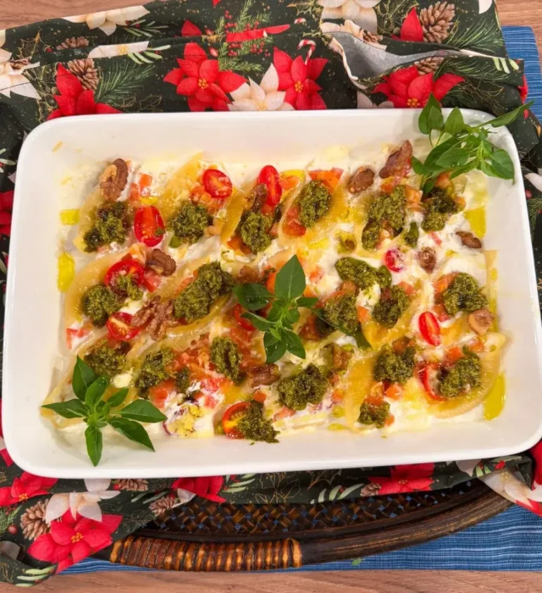 Delicioso conchiglione recheado ao molho pesto