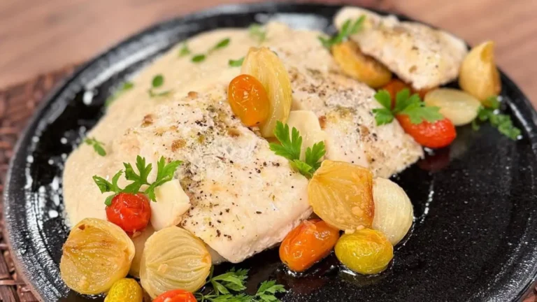 Linguado assado com tomate, cebola caramelizada e cogumelos