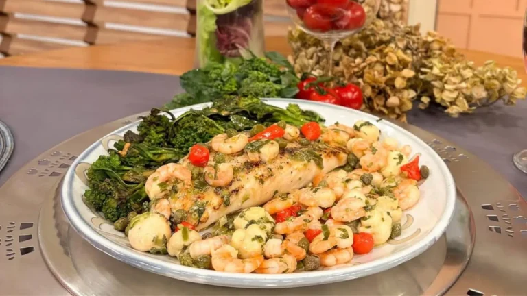 Pirarucu com camarão e brócolis com pasta de amendoim