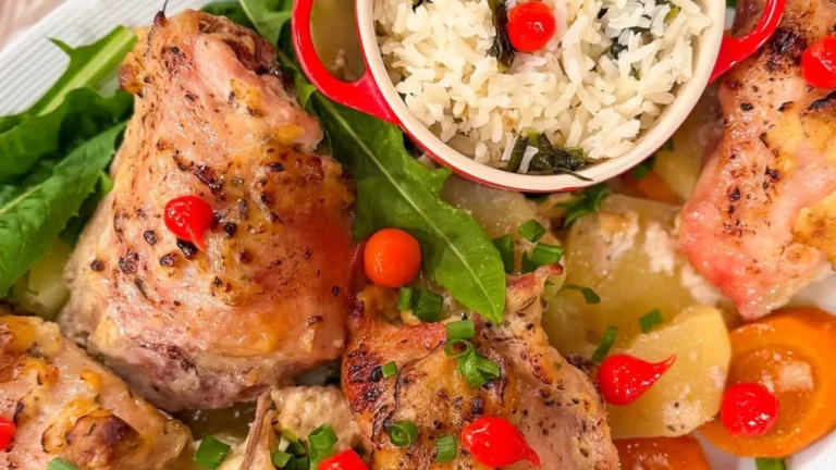 Suculenta sobrecoxa assada com creme de cebola