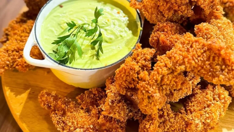 Delicioso frango crocante com molho de azeitona