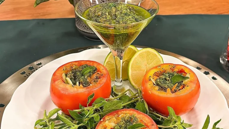 Tomate recheado de salmão com pesto funcional