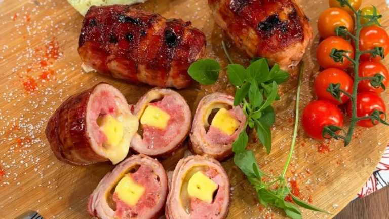 Bife à rolê suíno com um recheio de queijo derretido