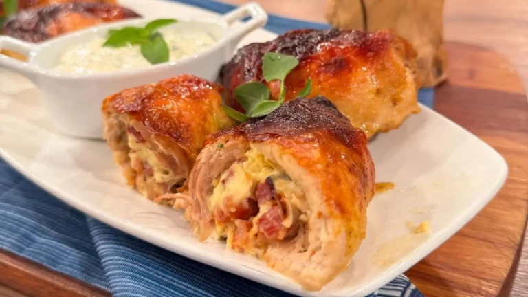 Sobrecoxa recheada acompanhada de molho de ervas