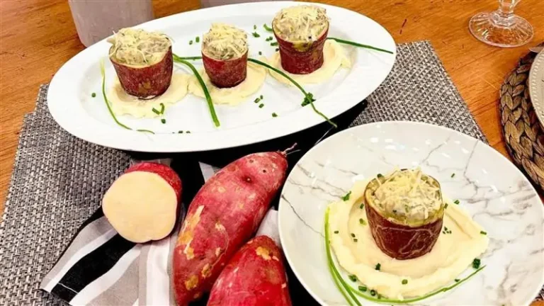 Batata doce assada recheada com shimeji