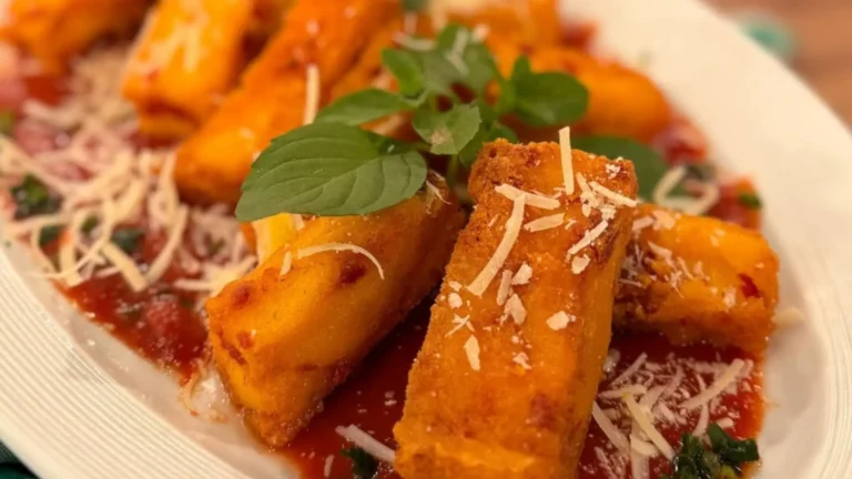 Deliciosa polenta de calabresa frita com molho ao sugo