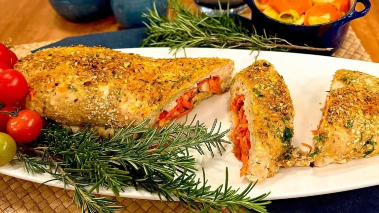 Rocambole de Frango e Cenouras com Alho Poró.