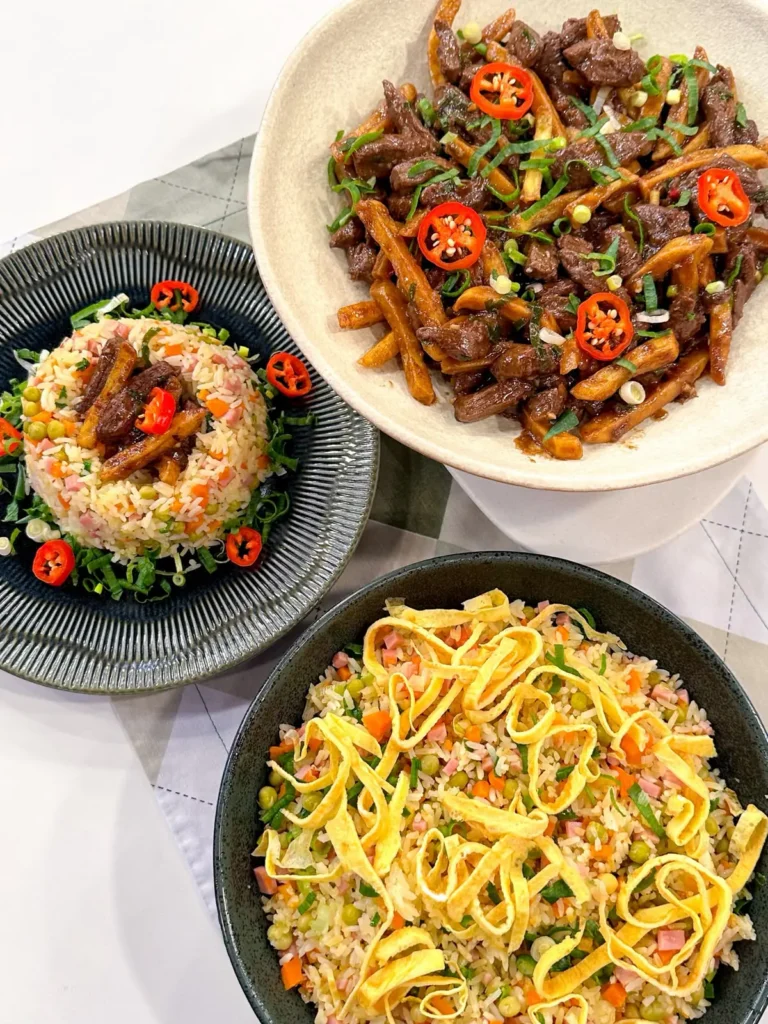 Imagem de capa representando a receita: Carne com Batata Imperial e Arroz Chinês